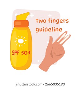 Two fingers sunscreen guideline, SPF 50 bottle, hand, health care, sunburn protection, cartoon