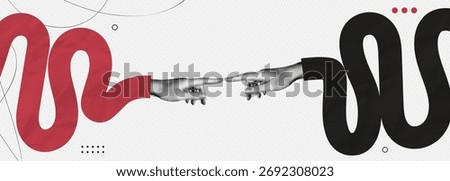 Two Fingers touching symbolising teamwork, connection, and bridging gap. Business relations and communication. Surreal abstract poster. Contemporary vector illustration art