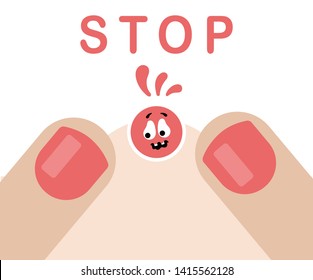 Two fingers trying to squeeze out a pimple. Scared face. Red stop sign. Flat vector on white background