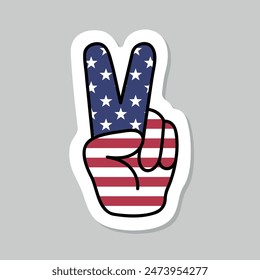 two fingers USA peace sign, V victory gesture in the colors of the American flag, patriotic sign, vector sticker