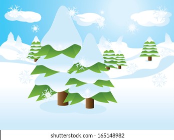 Two fir trees over snow landscape, cartoon background.