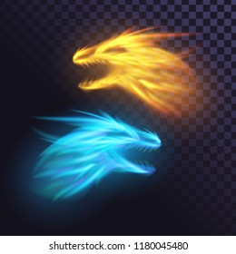 Two fire dragons transparent background  yellow   blue flame  glowing heads monsters