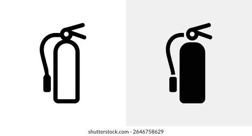 Dois ícones de extintor de incêndio são exibidos, um com uma silhueta preta preenchida, o outro com uma versão em contorno. Ambos são colocados contra um fundo branco e cinza limpo.