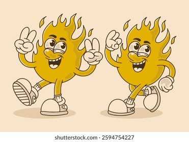 Two fire flame character with two different pose illustration, in retro vintage style