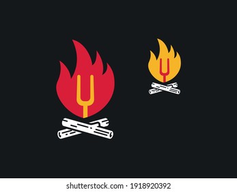 Two fire logos in red and yellow colors with a fork icon glowing over firewood on a dark background