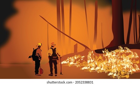 two firefighter in the middle of forest fire burning. Nature disaster and climate effect