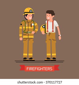 Two firefighter officers in personal protecting equipment standing isolated. Cool vector characters on firemen rescue workers male characters in flat design