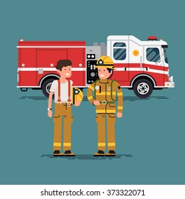 Two firefighter officers in personal protecting equipment standing in front of fire engine truck. Cool vector characters on firemen rescue workers male characters in flat design