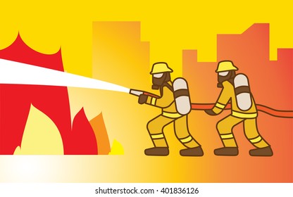 Two firefighters coping fire on red background