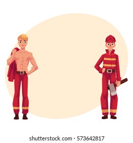 Two firefighters, firemen, one at work, another resting with naked torso, cartoon vector illustration with place for text. Full length portrait of firefighter, fireman at work, between shifts