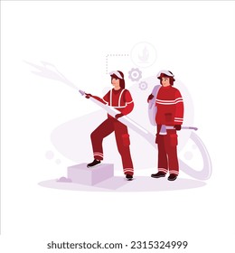 Two firefighters in full uniform conduct firefighter training. And one of the officers uses a fire extinguisher to put out fires in an emergency. Trend Modern vector flat illustration.