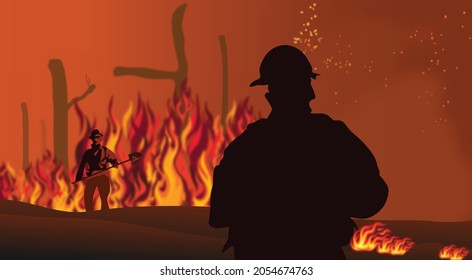 Two firefighters surrounding the forest burn fire