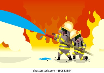 Two fireman extinguish fire watering it from hose