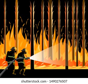 Two firemen carrying a water hose to put out a forest fire. Brave firefighter goes into smoke to put down a wild fire, 