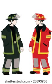 Two Firemen In Different Colored Uniforms.