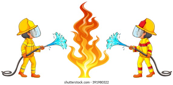 Two firemen putting out the fire illustration