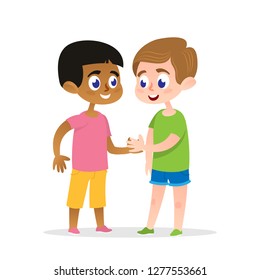 Two Firends Meet and Handshake. Happy Male Children Character Smiling and Talking. Young Multicultural Race Boys Kids Standing Outdoor. Teens Funny Childhood. Isolated Vector Illustration.