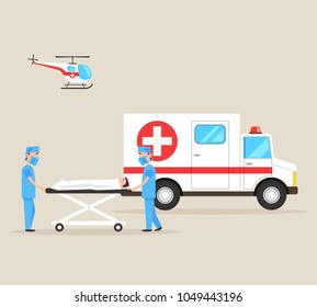 Two first aid doctors carry the victim patient on stretchers after accident disaster. Ambulance emergency medicine hospital car and helicopter. Healthcare concept. Vector flat cartoon isolated