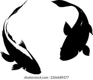 Two fish black silhouette. Isolated element. Black shape on white transparent background. Plotter laser cutting file. Chinese or Japanese painting with strokes of black paint. Vector Illustration.