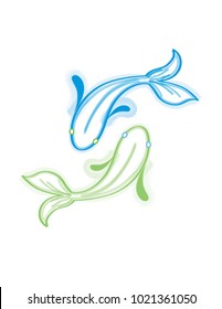 Two fish blue and green outline brush strokes