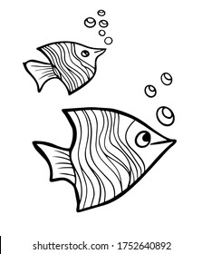 two fish bubbles graphics book coloring outline vector doodle for kids print illustration sketch