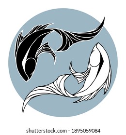 Two fish in a circle. Twin fish yin and yang concept. Zodiac sign Pisces. Design for clothes, dishes, paper, cards, books, tattoo, logo