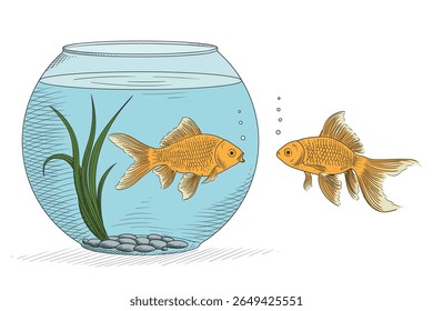 Dois peixes estão se comunicando. Um peixe está no aquário e o outro lá fora.