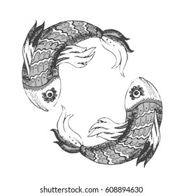 Two fish drawing graphic vector, Aquarium fish, zentagle, vector illustration