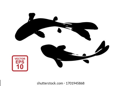 Two fish drawn in the style of Chinese or Japanese painting with strokes of black paint. Vector illustration.