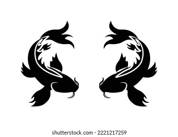 Dos peces pintados al estilo chino o japonés con pinturas negras. Ilustración vectorial. Pintura de pescado Koi.