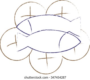 Two fish and five bread loaves. Eucharistic symbol, abstract artistic simple vector drawing illustration.