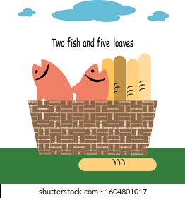 Two fish and five loaves in basket