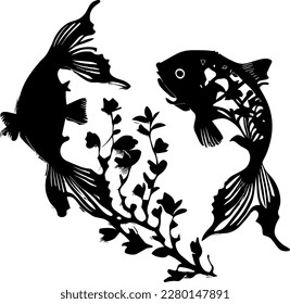 Dos peces con silueta negra floral. Elemento aislado. Forma negra sobre fondo transparente blanco. Archivo de corte de trazador. Pintura china o japonesa con pinturas negras. Ilustración vectorial.