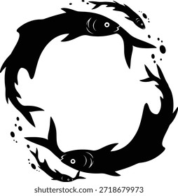 Two fish forming a circle with their bodies in a black and white graphic