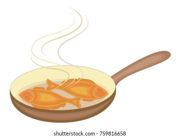 Two fish are fried in a frying pan. Tasty and nutritious food. Suitable for breakfast, lunch or dinner. Vector illustration.
