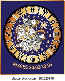 Two fish hold mouth tape behind them are symbols of all zodiac signs Horoscope circle.Golden and white figure on blue background.Graphic Vector Illustration in retro style. 