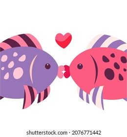 Two fish are kissing. Valentines Day greeting card concept. Vector illustration