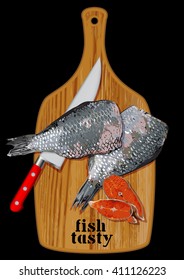 two fish and kitchen knife on a wooden cutting board