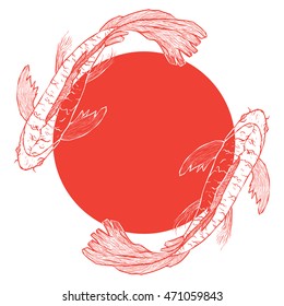 Two fish Koi carp , moving on red circle, with place for your text.