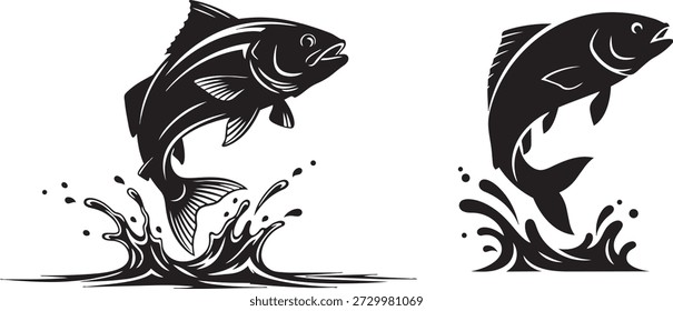 Dos peces saltan del agua en ilustraciones en blanco y negro, capturando la energía y el movimiento de la escena acuática.