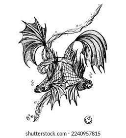 Two fish, line art. Black and white vector illustration for tattoo and coloring book. 