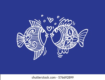 Two fish in love. Hand Drawn Fish.

