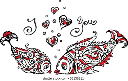 Two fish in love hearts Valentine's Day card I love you lettering vector