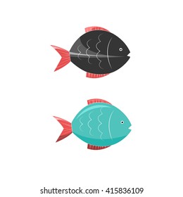 Two fish lovely black and turquoise. Isolated on white background. Vector illustration. Object.