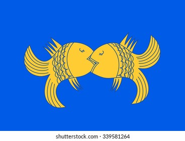 Two fish lovers. Kissing fish. Cute cartoon fishes in love romantic vector illustration. Template for Valentine day. 