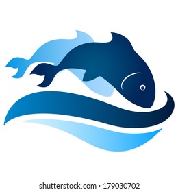 two fish on waves silhouette vector