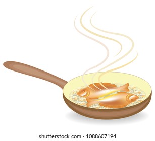 Two fish with onions are fried in a hot frying pan. Tasty and nutritious food. Suitable for breakfast, lunch or dinner. Vector illustration.