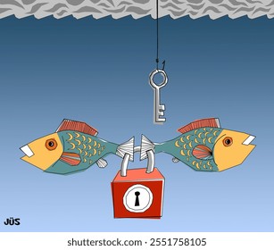 two fish, padlock and key