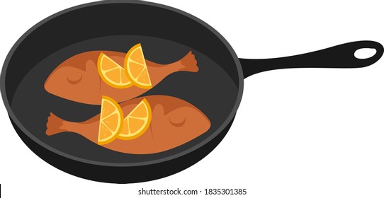 Two fish in a pan, illustration, vector on white background
