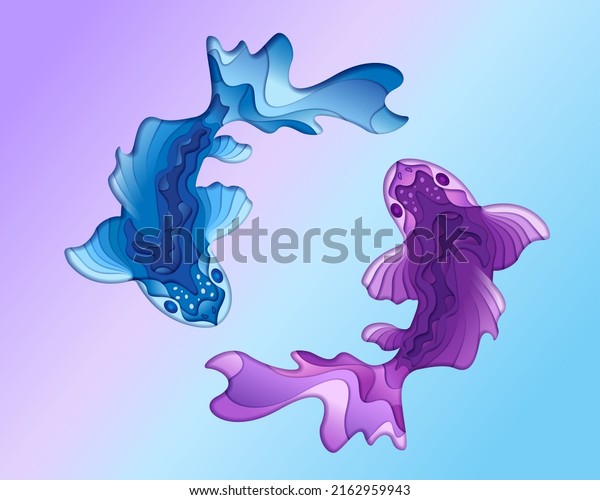 Two fish in\
paper art style. Marine fish, aquatic organism. Zodiac concept,\
Pisces symbol. Vector\
illustration